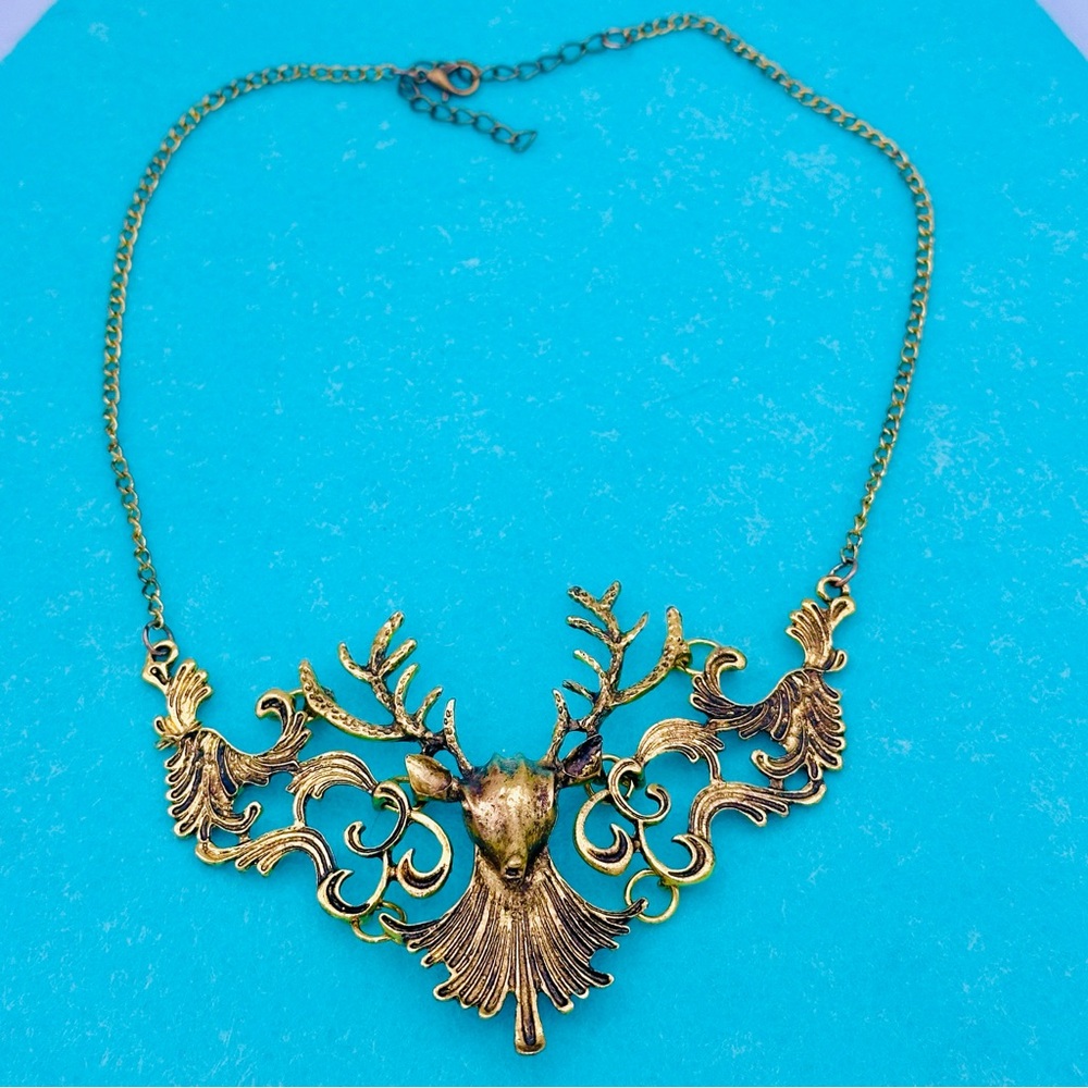 Stag of the Woods Deer Gold Tone statement necklace - Picture 5 of 13